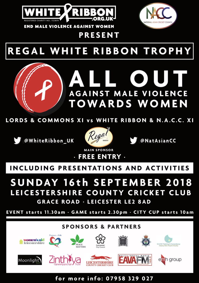 Only three more days to go before we take part in our ‘All Out’ Against Male Violence Towards Women Charity Cricket Event.
Many thanks to all our partners especially the pioneering <a href="/NatAsianCC/">National Asian Cricket Council</a>
