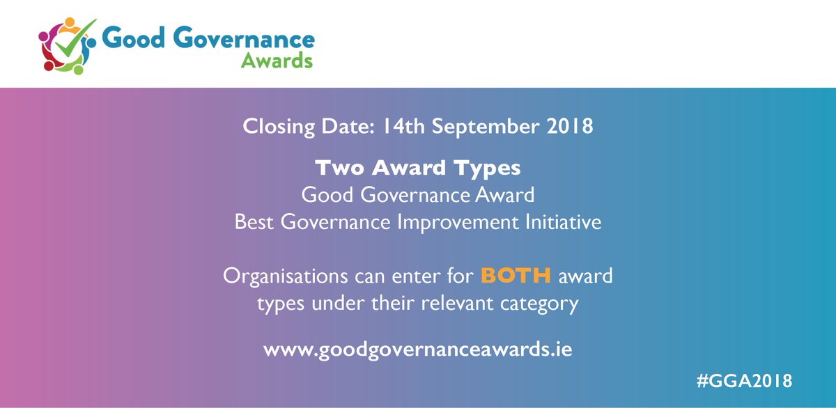Only 1 day left to submit your entries for 2018 Good Governance Awards Closing Date tomorrow September 14th  buff.ly/2kyBS8l #GGA2018 @voluntireland <a href="/Dochasnetwork/">Dóchas</a> <a href="/ENCLUDEIreland/">Enclude</a> @CiiTweets @boardmatch <a href="/DavyGroup/">Davy Group</a> @MazarsIreland <a href="/MHCLawyers/">Mason Hayes & Curran LLP</a> <a href="/The_Wheel_IRL/">The Wheel</a> <a href="/Carmichael_IRL/">Carmichael</a>