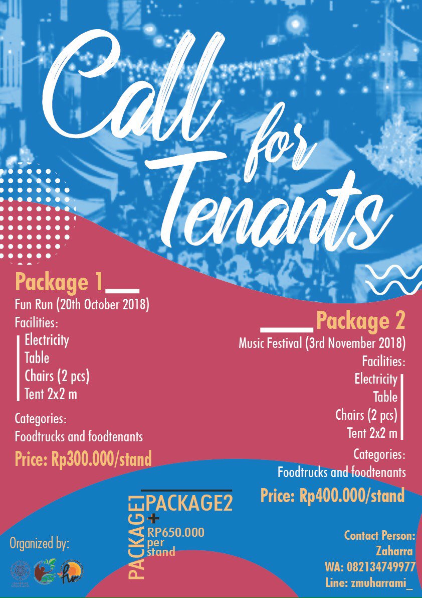 forestweekugm's tweet photo. [CALL FOR TENANTS]

To all of you who's been patiently waiting, we'd like to announce you that we are calling for tenants!

Please do contact us on
Zaharra
WA: 082134749977
LINE: @zmuharrami_

Sign up now before it's all booked!

#forestweek2018
#funrun
#musicfestival https://t.co/aJOJax7x62