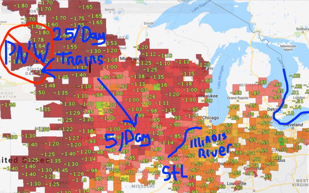 commodityweek's tweet photo. Soybean Basis
Later today on WILLAg we’ll talk with @NDSU Frayne Olson. He says the PNW can handle 25 shuttle trains a day. Those #soybeans need a new home. St. Louis (StL) can take 5 trains/day.
See how the IL River is the dividing line. So is the Canadian border.
#grainflows https://t.co/R72EpHHJ6A
