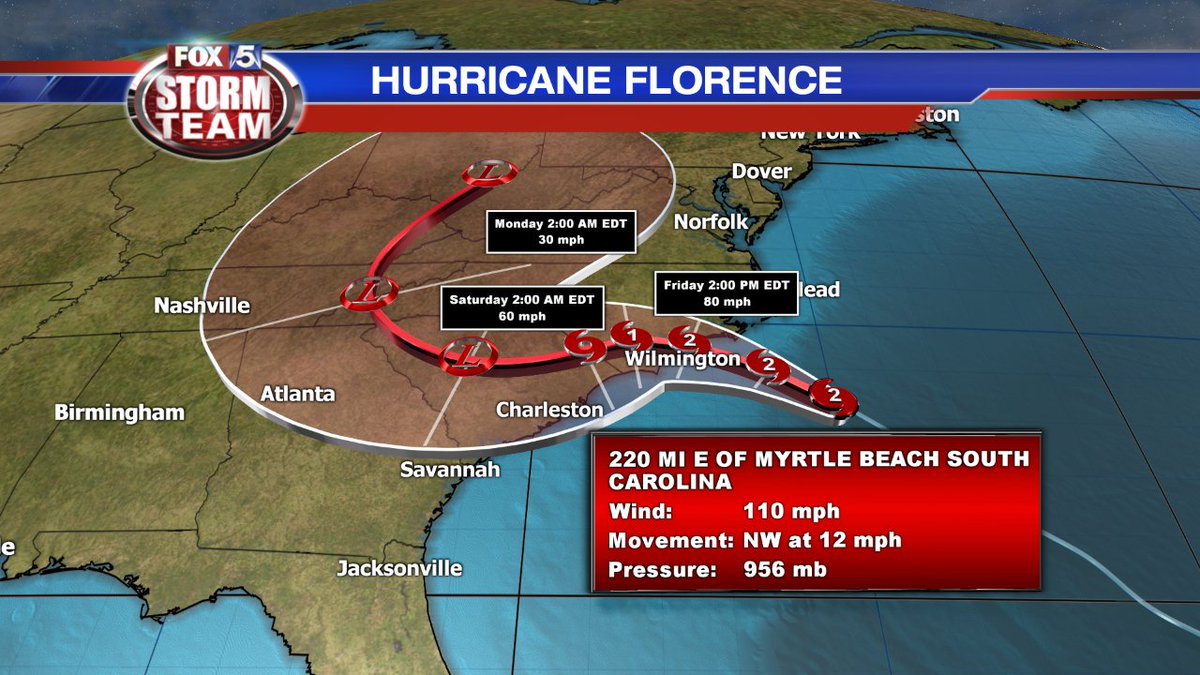 Hurricane Florence 8am Thursday update: First squalls moving onto the Outer Banks of NC. Slowing a bit in forward speed. It will continue to slow dow as it approaches the coast. <a href="/GoodDayAtlanta/">Good Day Atlanta</a> #fox5atl