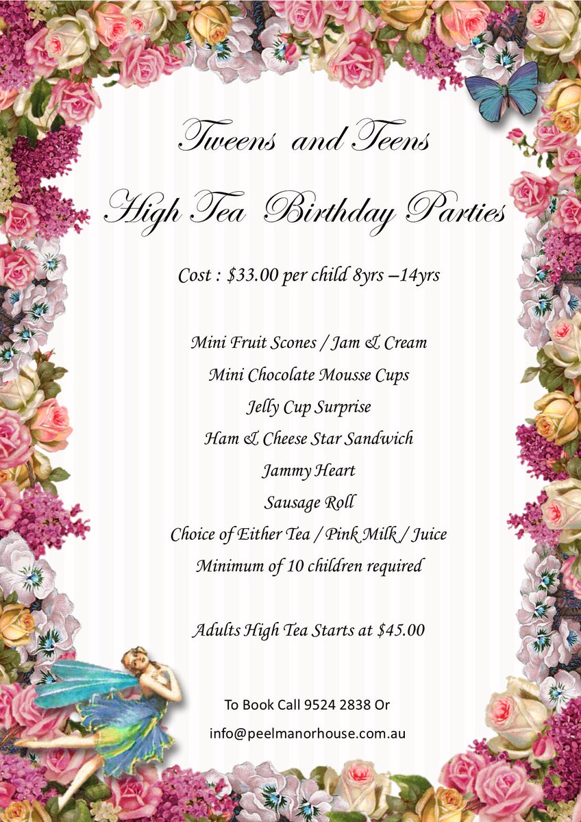 PeelManor's tweet photo. High Tea Birthday Party especially for Tweens and Teens
#Tweens
#Teens
#HighTea https://t.co/zLF1aTTEcn