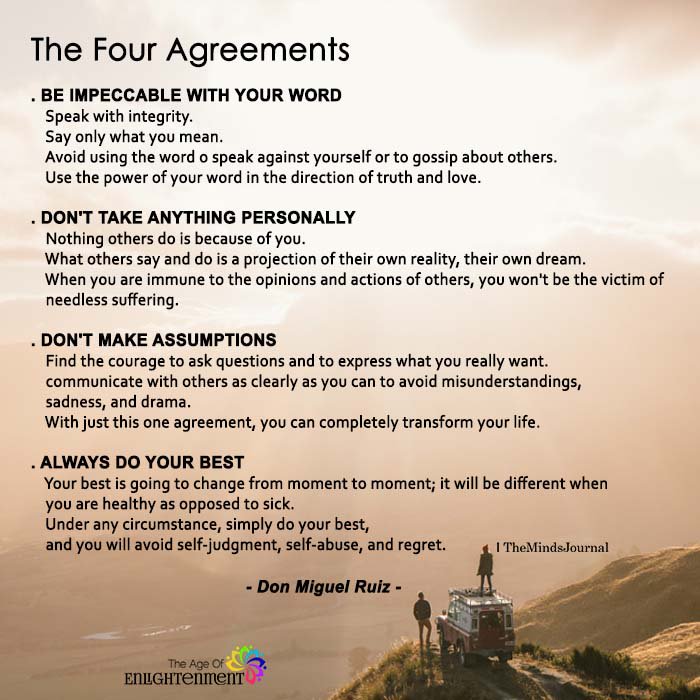 TheMindsJournal's tweet photo. The Four Agreements
https://t.co/rVPdjtf5uJ
#Assumptions #BEIMPECCABLE #DOYOURBEST #DonMiguelRuiz #FourAgreements #Life https://t.co/ojP0iImtB0
