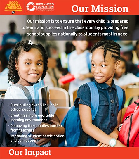GMA's tweet image. #GivingMyAllGMA: @KidsInNeed Foundation has distributed over $1B in school supplies!

OUR STORY: 
gma.abc/2NaAzxj  

DONATE HERE:
bit.ly/2CTBnBY