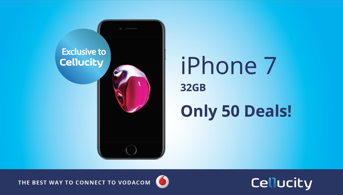 Cellucity's tweet photo. IT'S YOUR LUCKY DAY! Get the iPhone 7 32GB for R429 pm x24 on the Smart XS+. Get it quick - Only 50 deals available! 💙 📱Get the deets -> https://t.co/apEgi1xZUn

#AppleSA #iPhone7 @Cellucity https://t.co/d1pLxCTtnW