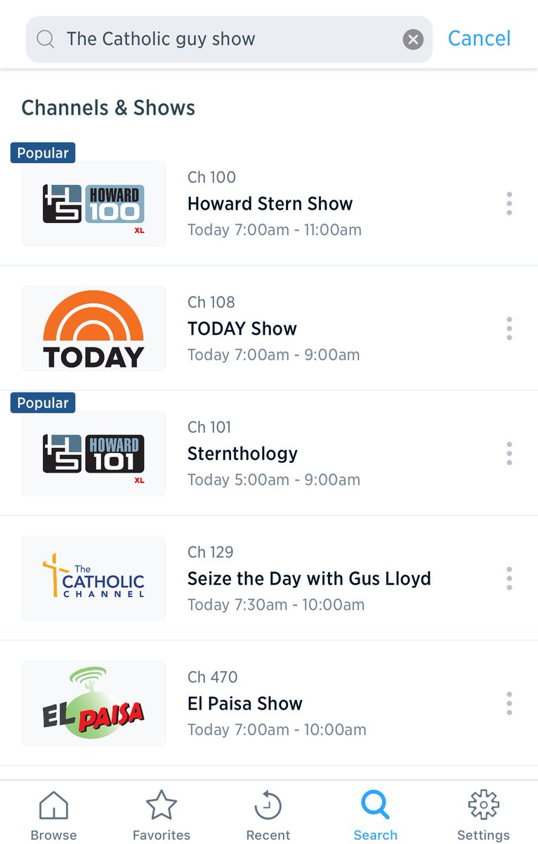 FakestTyler's tweet photo. Upon doing a search for @catholicguyshow using the SirusXM app...I realized that for some reason SiriusXM confuses Lino for Howard Stern, Gus, and the Today Show.

@linorulli https://t.co/hRlyWiaI1v