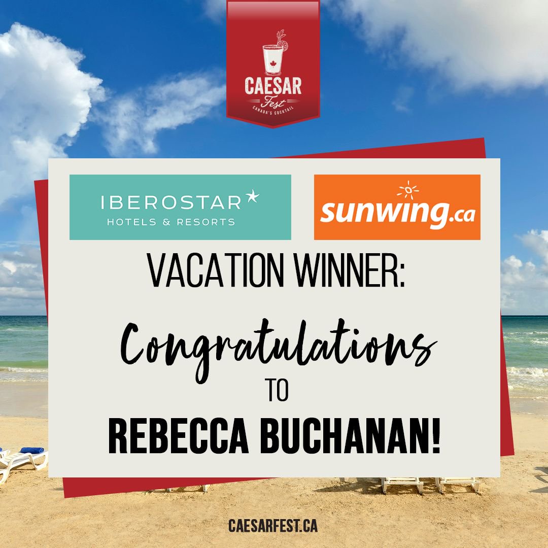A big congratulations to Rebecca Buchanan, the winner of the all inclusive vacation for 2 to Iberostar Mojito in Cuba onboard Sunwing Airlines. Thank you to everyone who filled out their passports at Caesar Fest! #CAESARTHEMOMENT #CaesarFest <a href="/SunwingVacay/">Sunwing Vacations</a>