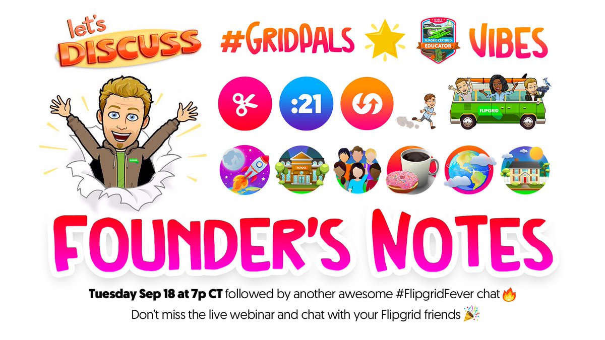 MicrosoftFlip's tweet image. 🔮 #StudentVoice💥 Vibes 🙃 MyView 🗺 #GridPals 🚀 Launchpad 🚌 Bus Tours 🤯 and MORE!?

Join @design2research 🕺 + friends ☎️ LIVE September 18 @ 7 PM CT to catch all the 🎡updates from this summer PLUS some 🍁 Fall announcements!

📺bit.ly/2PAngmA

#FlipgridFever