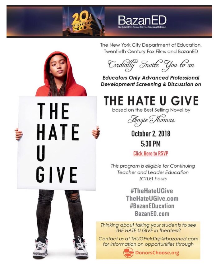 BazanEDucation's tweet photo. New York City #Teachers &amp; #Educators: You are cordially invited to an EDUCATORS ONLY Advanced Professional Development Screening &amp; Discussion of @TheHateUGive on Tuesday, October 2nd at 5:30pm!

FOR MORE INFO &amp; TO RSVP: https://t.co/WFTDzcCZNg

#NYC #education #curriculum #school https://t.co/MZM3jwZckk