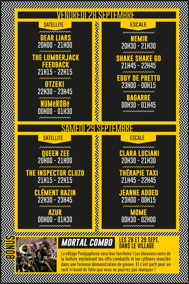 Poulpaphone's tweet image. 🐙PROG 🐙
Les horaires de passage des groupes, sans oublier la fanfare Mortal Combo qui déambulera dans le village Poulpaphone !