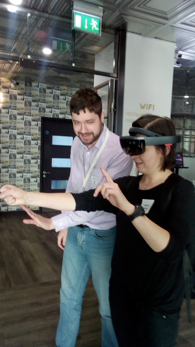 CheneryWoman's tweet photo. This is @this_lk putting out an augmented reality fire with @RenegadeFort at #MetaLab18 last week.  Great fun and I just wanted to big up that the conference had good gender balance of speakers and panelists. Shows it can be done! 🙂 #WIT https://t.co/Bm6lUlCd6E