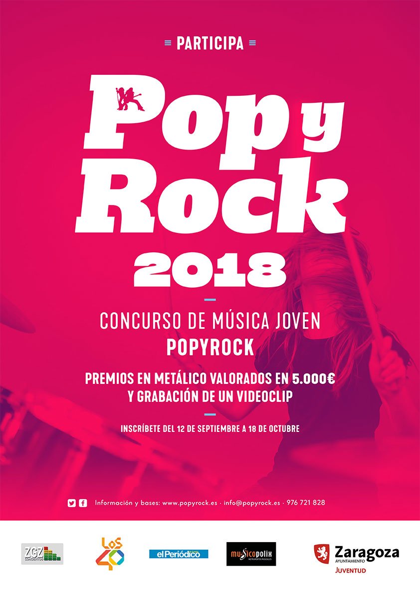 zgzjoven's tweet photo. ¡Inscripciones al #PopyRock2018 abiertas! 🎤🎤 El concurso más potente de #músicajoven de Aragón está en marcha con nuevas sorpresas y premios de + de 5.000 €.
¿Eres solista o tienes una banda? Este es el impulso definitivo a tu trayectoria musical 👉 https://t.co/RS5YoLGRXH https://t.co/hAldpZpoQ7