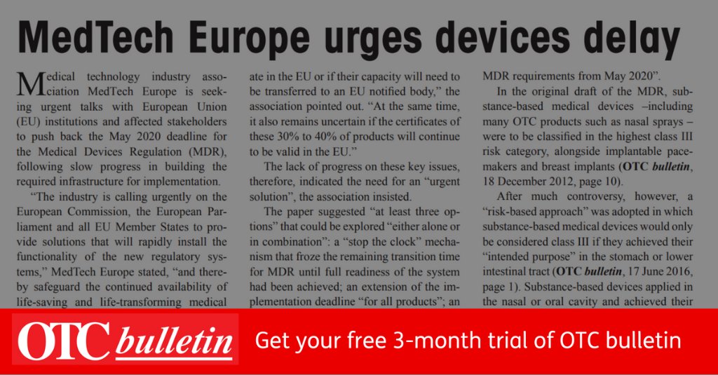 OTC_Bulletin's tweet photo. MedTech Europe is seeking urgent talks with European Union (EU) institutions and affected stakeholders to push back the May 2020 deadline.. Sign up for a FREE trial subscription of @OTCbulletin at https://t.co/kx5VtvKoWI https://t.co/aYwBUR8cfY