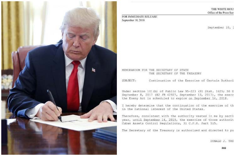 CubaSolidarity's tweet photo. Donald Trump signs off Trading with Enemy Act against Cuba, extending the blockade against the island https://t.co/Hv0ebOm1DB https://t.co/2kQ4uUGEDc