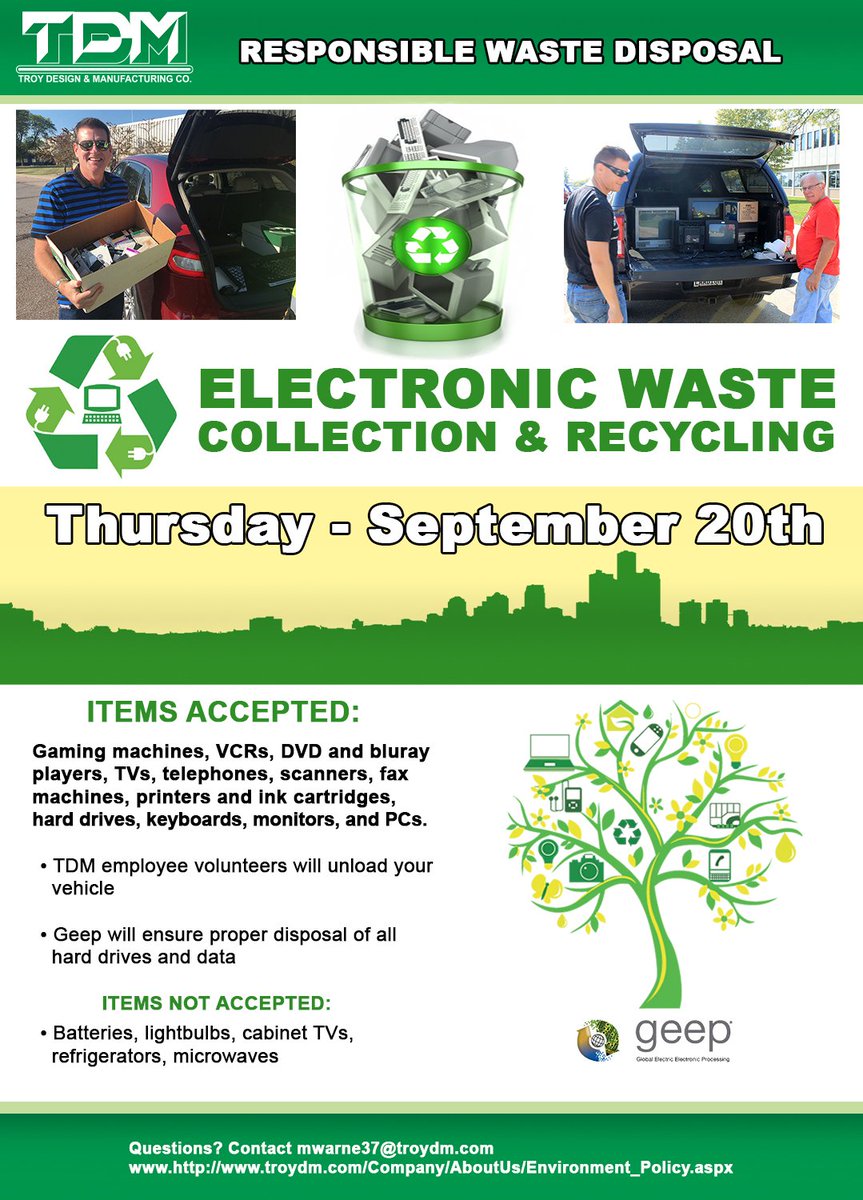 troydesign's tweet photo. Don't forget TDM's annual eWaste Day will be taking place one week from today, September 20th on the South side of the Admin building! Please bring in all of your old and obsolete electronic devices for a responsible waste disposal! See flyer for details. https://t.co/BWL6YSGPMc