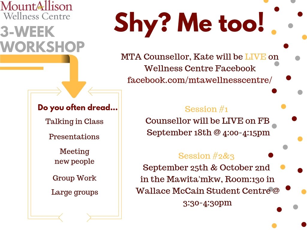 Are you shy?... Me too! 

Join Kate LIVE on Tuesday, September 18th @ 4:00!! for the first session to ask questions and begin a great discussion on being shy and introverted at University  !! 
 If you would like more information please email counsellor@mta.ca!