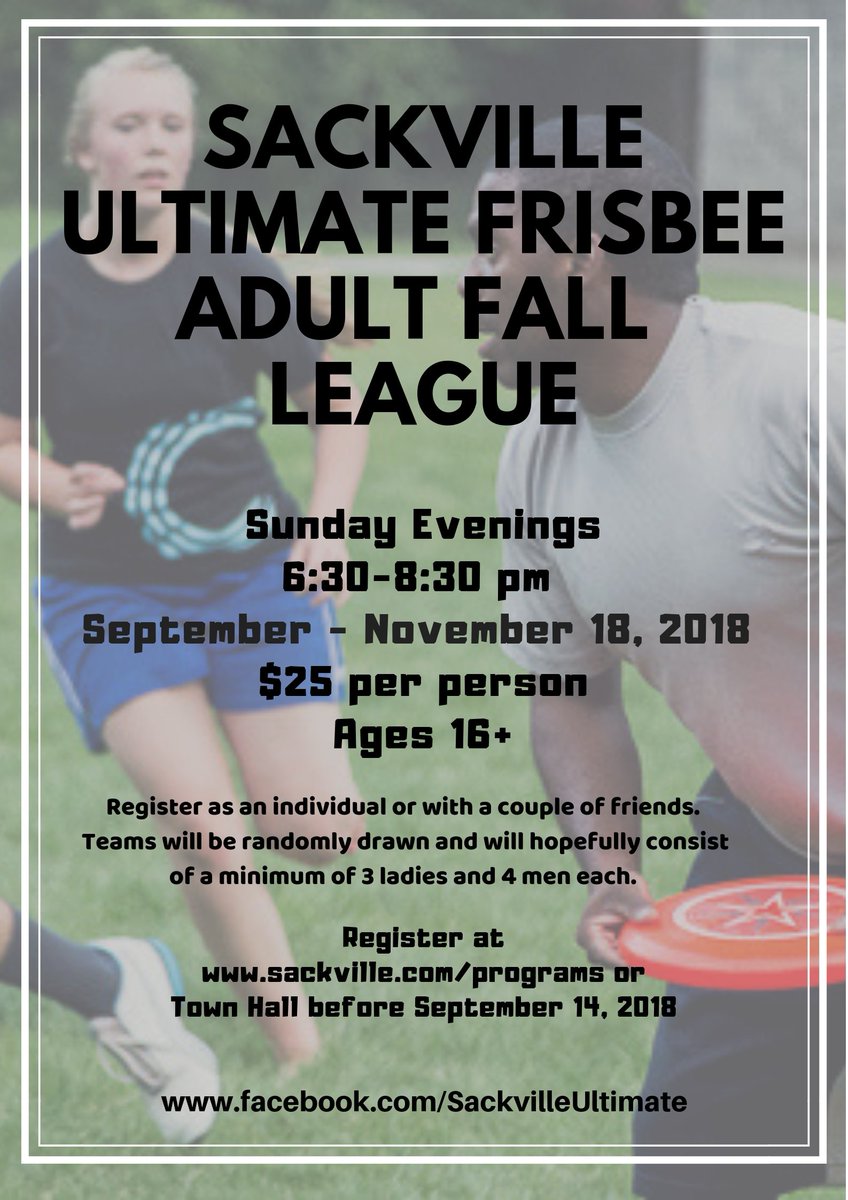 Only a couple more days to register for this Fall's Ultimate Frisbee League!

<a href="/TownofAmherstNS/">TownofAmherstNS</a>  <a href="/CumberlandYMCA/">YMCA of Cumberland</a>  <a href="/MASUOfficial/">MASU</a> @MemramcookNB