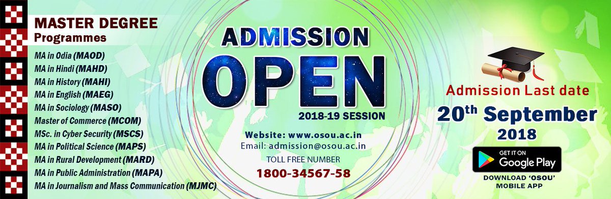 OsouOdisha's tweet image. Admission for PG Courses. 
Last Date: 20th September
#JoinOSOU