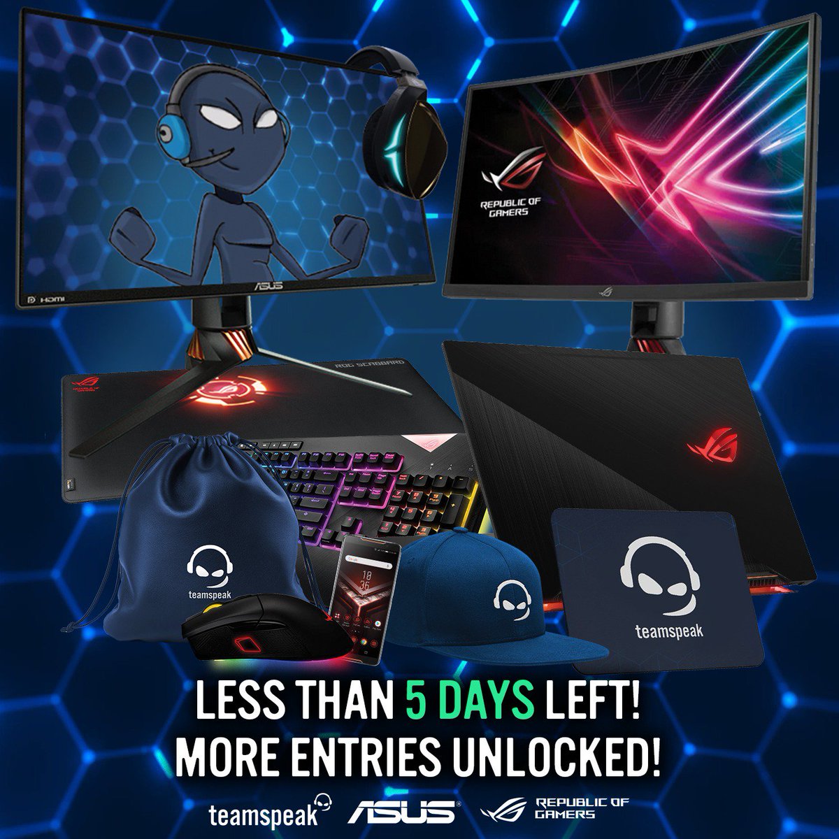 teamspeak's tweet photo. Less then 5 Days Left To Enter!! 

#𝗪𝗜𝗡 𝗧𝗵𝗲 𝗨𝗹𝘁𝗶𝗺𝗮𝘁𝗲 𝗚𝗮𝗺𝗶𝗻𝗴 𝗦𝗲𝘁𝘂𝗽 in our Mega #giveaway with @ASUS_ROG! + Hundreds of Prizes to be Won!

👉 𝗖𝗟𝗜𝗖𝗞 𝗛𝗘𝗥𝗘 𝗧𝗢 𝗘𝗡𝗧𝗘𝗥 𝗡𝗢𝗪 
https://t.co/kyoMIcC5q2 

#Teamspeak #yourteamyourrules #pcgaming https://t.co/EBa8SPKbdS