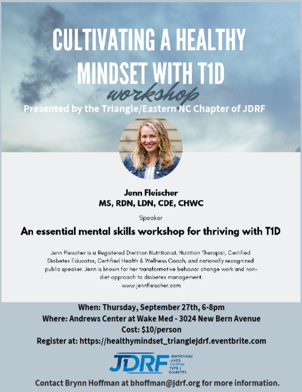 JDRF_EasternNC's tweet photo. Join JDRF and @JennFleischer for an adults only workshop, Cultivating a Healthy Mindset with T1D: An Essential Mental Skills Workshop for Thriving with T1D. Learn more about this event and register at https://t.co/3bZImzfPOY https://t.co/5LNulW542M
