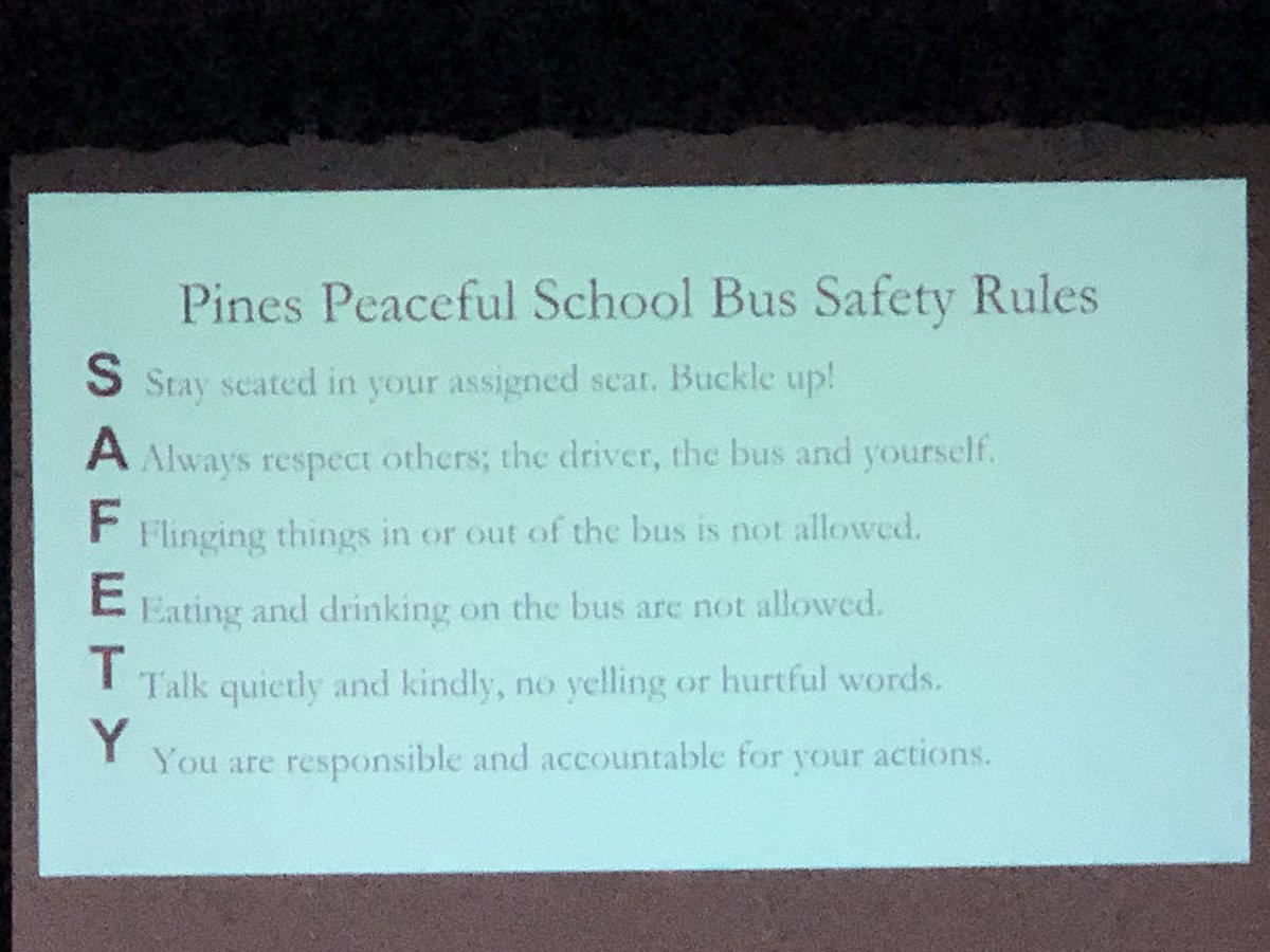 KerryMal1's tweet photo. We had a successful kickoff to our #PeacefulSchoolBus program this morning! Our students were reminded of our Peaceful School Bus rules, our bus rewards program, and even our Peaceful School Bus chant! #PinesHPS @ClaudineDiMuzio https://t.co/RCBb81ekKg
