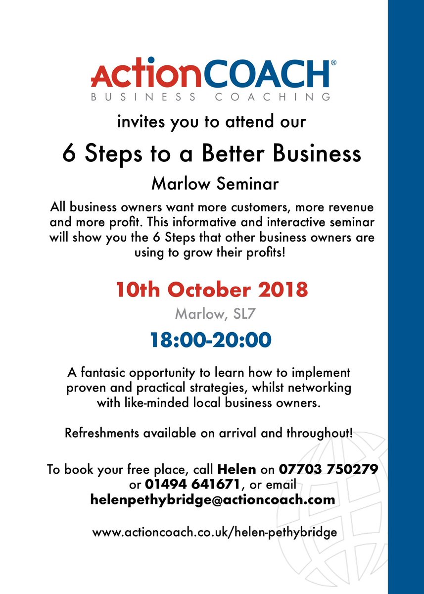 Calling all Marlow business owners! We are delighted to announce that we are hosting our 6 Steps to a Better Business Seminar in Marlow on 10th October. Did we mention that it's FREE?? 

buff.ly/2Nd1qbS 

#increasedprofits #networking #marlow #SMEUK
