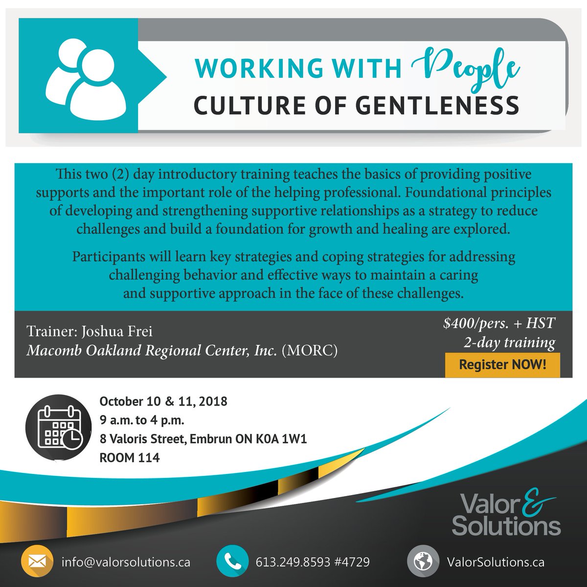 ValorSolutions's tweet photo. Culture of Gentleness | Working with People 

 A 2-day training with expert trainer from Michigan. Register now! Places are limited. 
 https://t.co/BhJpWwgRgY https://t.co/6FJyRhQo9H