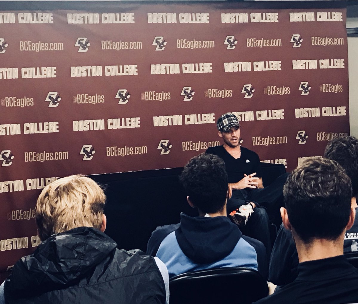 bctrackandfield's tweet photo. It was an honor to share time with Olympian &amp; NCAA Champion @natebrannen last night! He inspired us with the grit of a true champion, and of course gave us some great pointers on today’s workout #TheMichigan! #BCTF2018 #GetTough https://t.co/3vP2mkeEPM