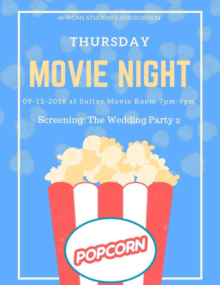 Tonight will be the first movie night for the Fall 2018 semester. It will be held at the Suites Movie Room and we will be watching The Wedding Party 2 so EVERYONE come out there will be free popcorn!!! #uwg22 #uwg21 #uwg19 #uwg18 #uwg