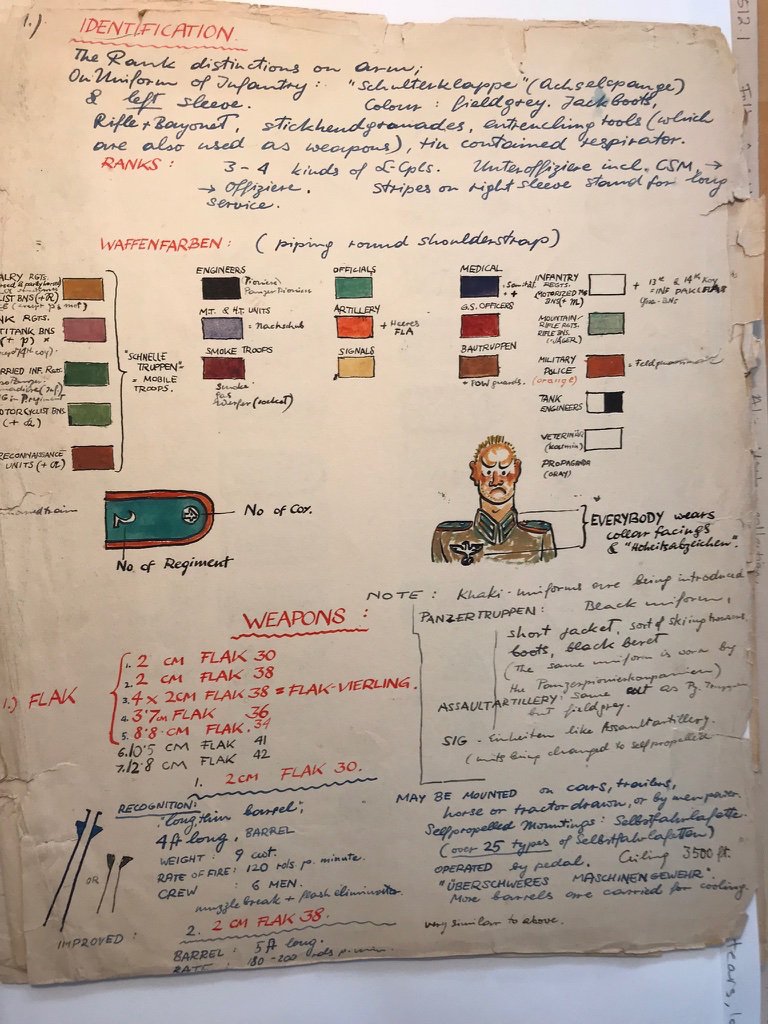 my wife is working in the National Archives on a book on No. 10 (Inter allied) Commando. She found this notebook one of the commandos made for himself on how to identify German POWs from their uniforms.