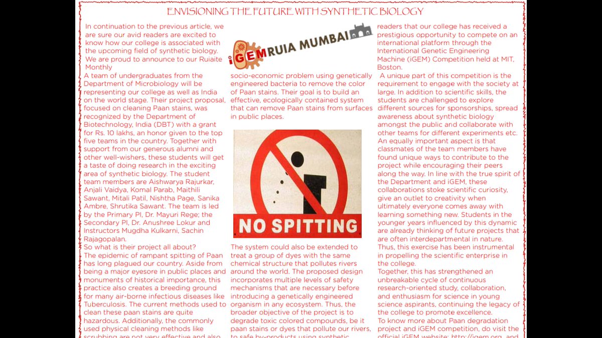 iGEMRuiaMumbai's tweet image. Our second article published in the August edition of the monthly college magazine “Ruiate monthly”
A big thanks to the Ruiate Monthly Team..!😄😄😄@iGEM #Syntheticbiology #SocialAwareness #HumanPractices