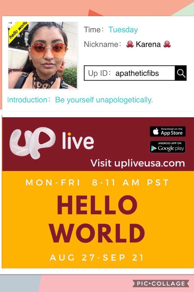 UpliveUSA's tweet photo. Tune in right now to 🌎 HELLO WORLD 🌍 with @apatheticfibs an exclusive show on #UpliveUSA. Get inspired to be yourself unapologetically. #HelloWorld #broadcastingapp https://t.co/QyMaeJBoJg