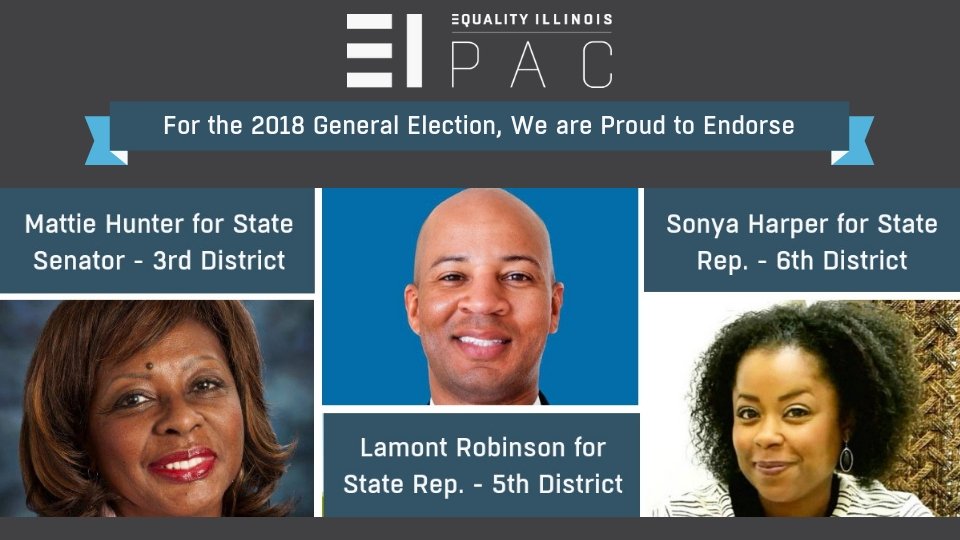 Equality IL PAC (@eqilpac) on Twitter photo On 11/6, elect Lamont Robinson for State Rep. & re-elect State Sen. <a href="/SenatorHunter/">Sen. Mattie Hunter</a> & State Rep. <a href="/SonyaMHarper/">Sonya Marie Harper</a>! Sen. Hunter & Rep. Harper are pro-#equality champions, & we look forward to Lamont joining their ranks. He will be 1st #LGBTQ person of color in the General Assembly. On 11/6, elect Lamont Robinson for State Rep. & re-elect State Sen. <a href="/SenatorHunter/">Sen. Mattie Hunter</a> & State Rep. <a href="/SonyaMHarper/">Sonya Marie Harper</a>! Sen. Hunter & Rep. Harper are pro-#equality champions, & we look forward to Lamont joining their ranks. He will be 1st #LGBTQ person of color in the General Assembly.