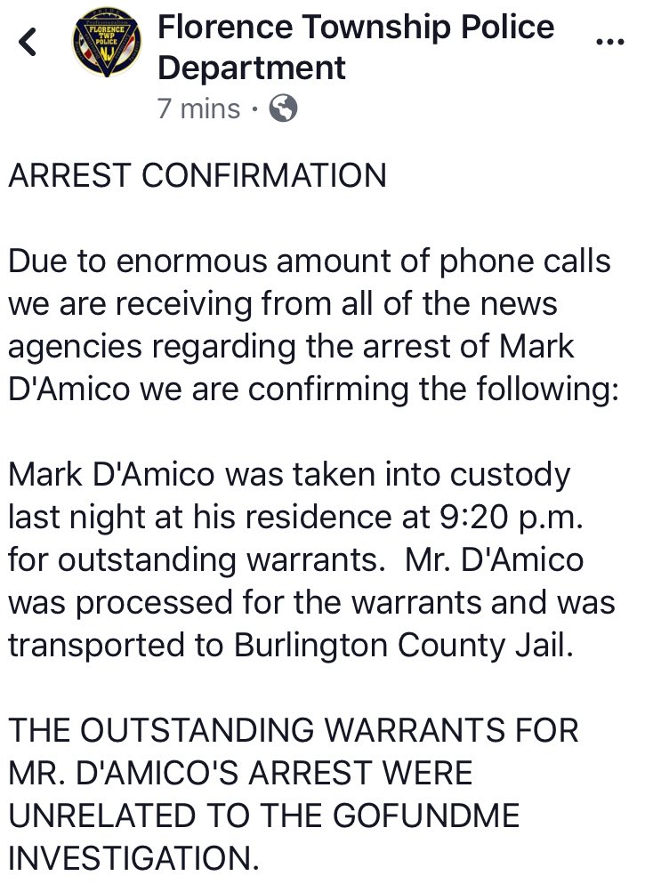 KeeleyFox29's tweet photo. The boyfriend of woman helped by homeless former U.S.Marine now under criminal investigation was arrested last night Florence Twp NJ police confirm  unrelated to the GoFundMe case.   And so far has not come up with the $500 bail to get out of Burlington County Jail @FOX29philly https://t.co/YVv945vsEP