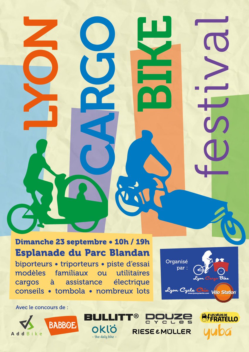 Add_Bike's tweet photo. [SAVE THE DATE] Le vélo-cargo est tendance : 1ère édition du Lyon Cargo Bike Festival le dimanche 23 septembre - Esplanade du Parc Blandan. Testez biporteurs, triporteurs et AddBike en toute liberté ! On vous attend nombreux ! https://t.co/GbHyAM00hX