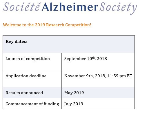 NaliniSen1's tweet image. The 2019 Alzheimer Society Research Competition has been launched! Now accepting applications for Doctoral Awards, Postdoctoral Fellowships, New Investigator Grants and Research Grants. Apply today! alzheimer.ca/en/Home/Resear… @AlzCanada
