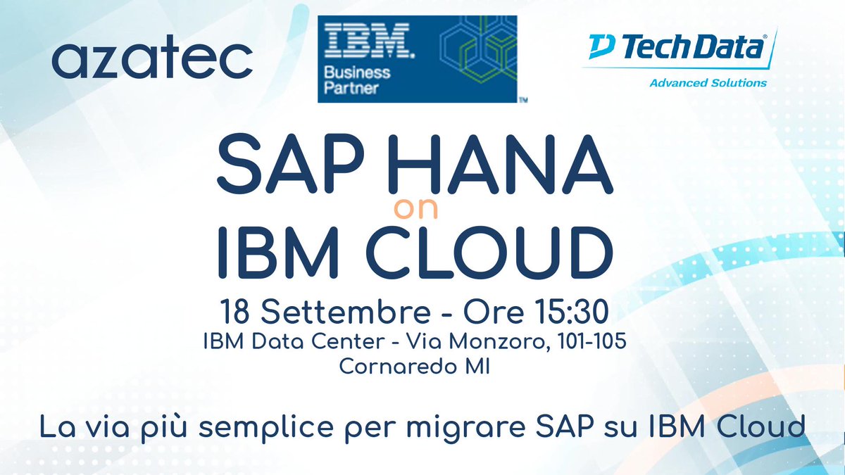 AzatecTW's tweet photo. @bms_spa grazie per il follow! Vi segnaliamo il nostro appuntamento del 18 settembre presso i data center di IBM a Cornaredo. A questo link le iscrizioni: https://t.co/5qrGgsUrja Buon pomeriggio! https://t.co/PoGkE8Yy6f