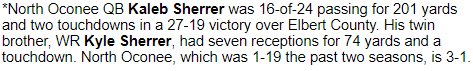 NOHSFootball's tweet photo. Congratulations to @ksherrer3 and @wksherrer on being recognized by @GHSFdaily as two of the state's top performers last week in our win over Elbert County! #HoldTheRope #GUS   https://t.co/RQVA4JpZWX
@UTCoachSherrer @ocleadersports @TheOEnews https://t.co/E5mba329l7