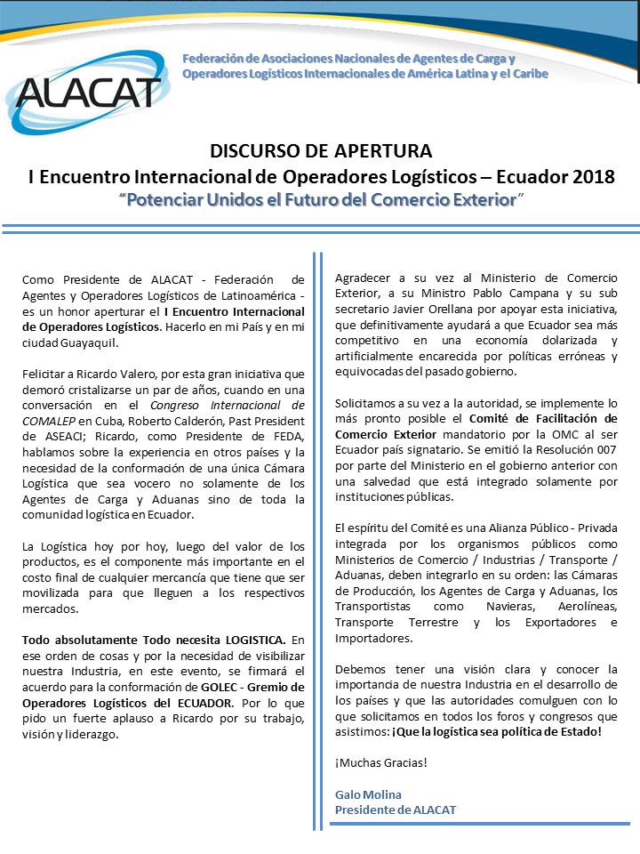 MUNDO_ALACAT's tweet photo. 📜🇪🇨Discurso realizado por el presidente de ALACAT, Galo Molina, en el I Encuentro Internacional de Operadores Logísticos realizado en Ecuador, los días 3 y 4 de septiembre de 2018. #OL2018 https://t.co/L7sFBX2H3B