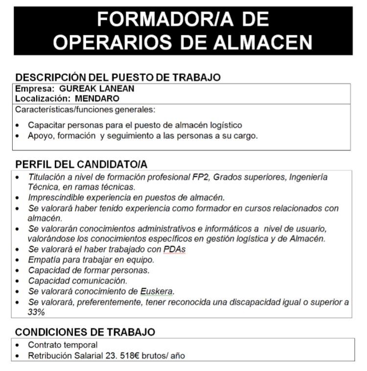 Oferta de empleo de <a href="/grupogureak/">Gureak</a>  en Mendaro como Formador/a de empleados de almacén.