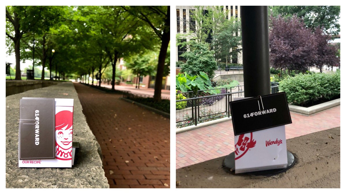614Forward's tweet image. Left some gift cards downtown this morning. Find one to score a free lunch from 614Forward! #LifeInCbus #PayItForward #FreeFood #Wendys #614Forward