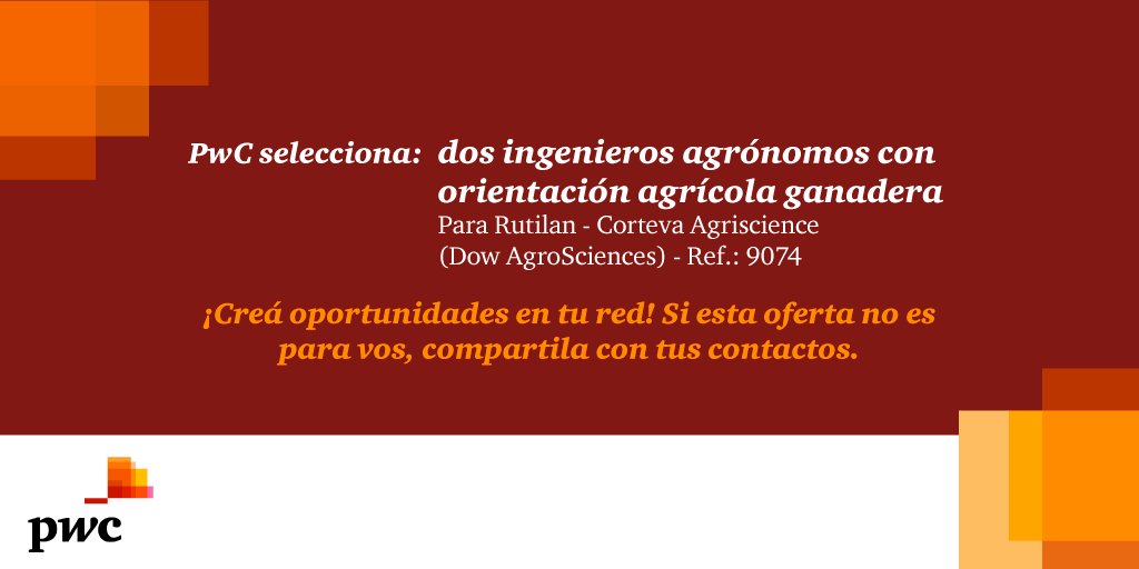 Seleccionamos ingenieros agrónomos para desempeñarse como representantes técnicos de ventas. Postulate en: pwc.com.uy/rrhh con el número de referencia 9074