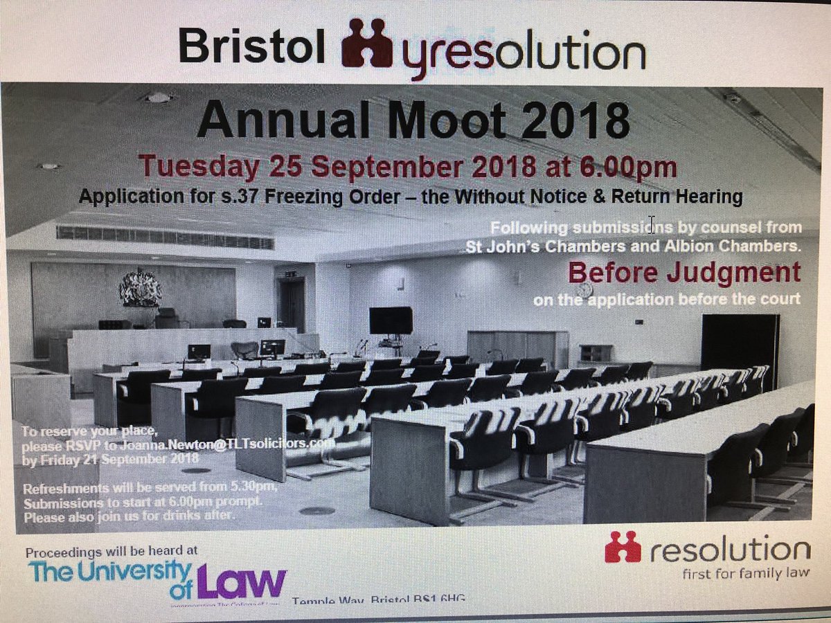 Join us for our annual #moot on 25 September from 5:30pm at the <a href="/UniversityofLaw/">The University of Law</a> #bristol - students, trainees, qualified lawyers and anyone interested in #familylaw very welcome! <a href="/YResNational/">National YRes</a> <a href="/ResFamilyLaw/">Resolution</a> <a href="/Bristol_Res/">Bristol Resolution</a> <a href="/AlbionChambers/">Albion Chambers</a> <a href="/StJohnsChambers/">St John's Chambers</a>