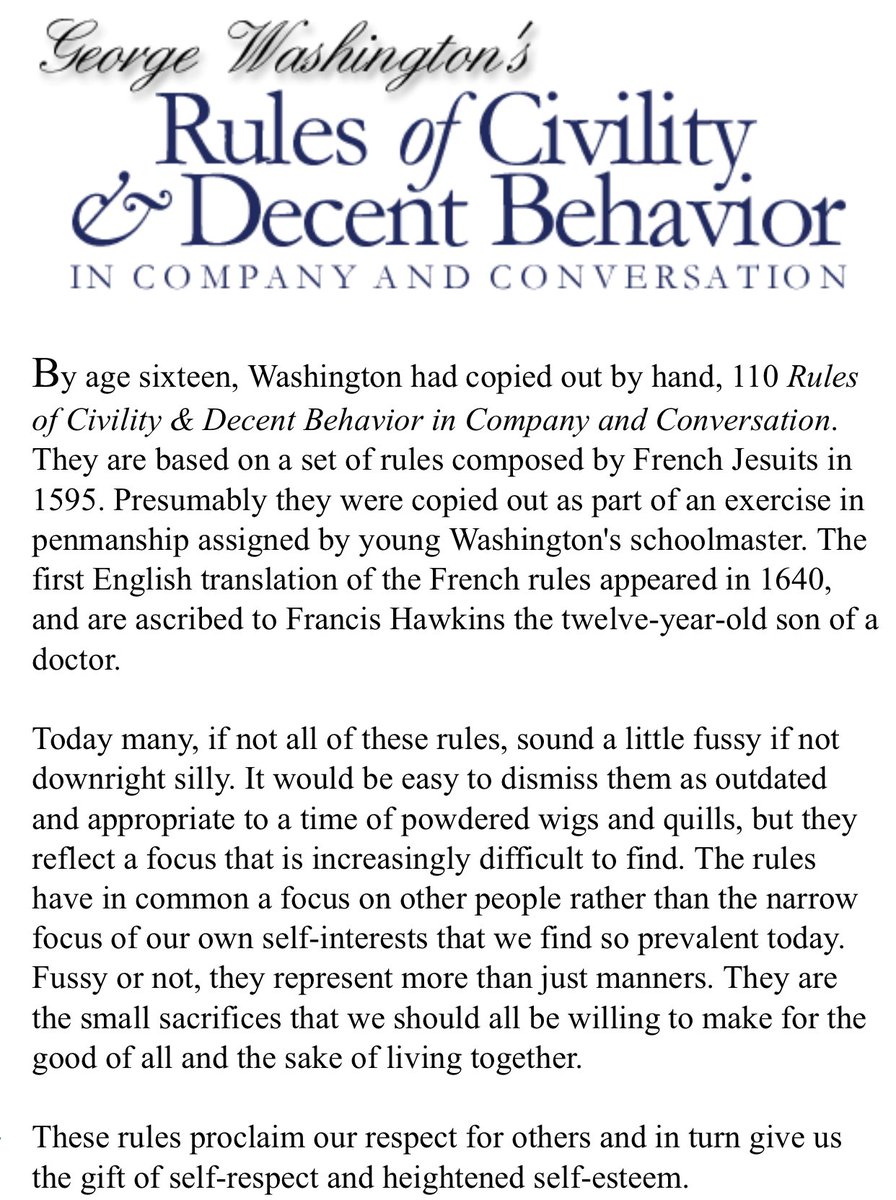 George Washington:1. Respect others13. If your friend has lice, remove it privately38. When visiting the sick, don’t play physician41. “Undertake not to teach your equal in the art himself professes”46. Take all admonition thankfully49. Use no reproachful language