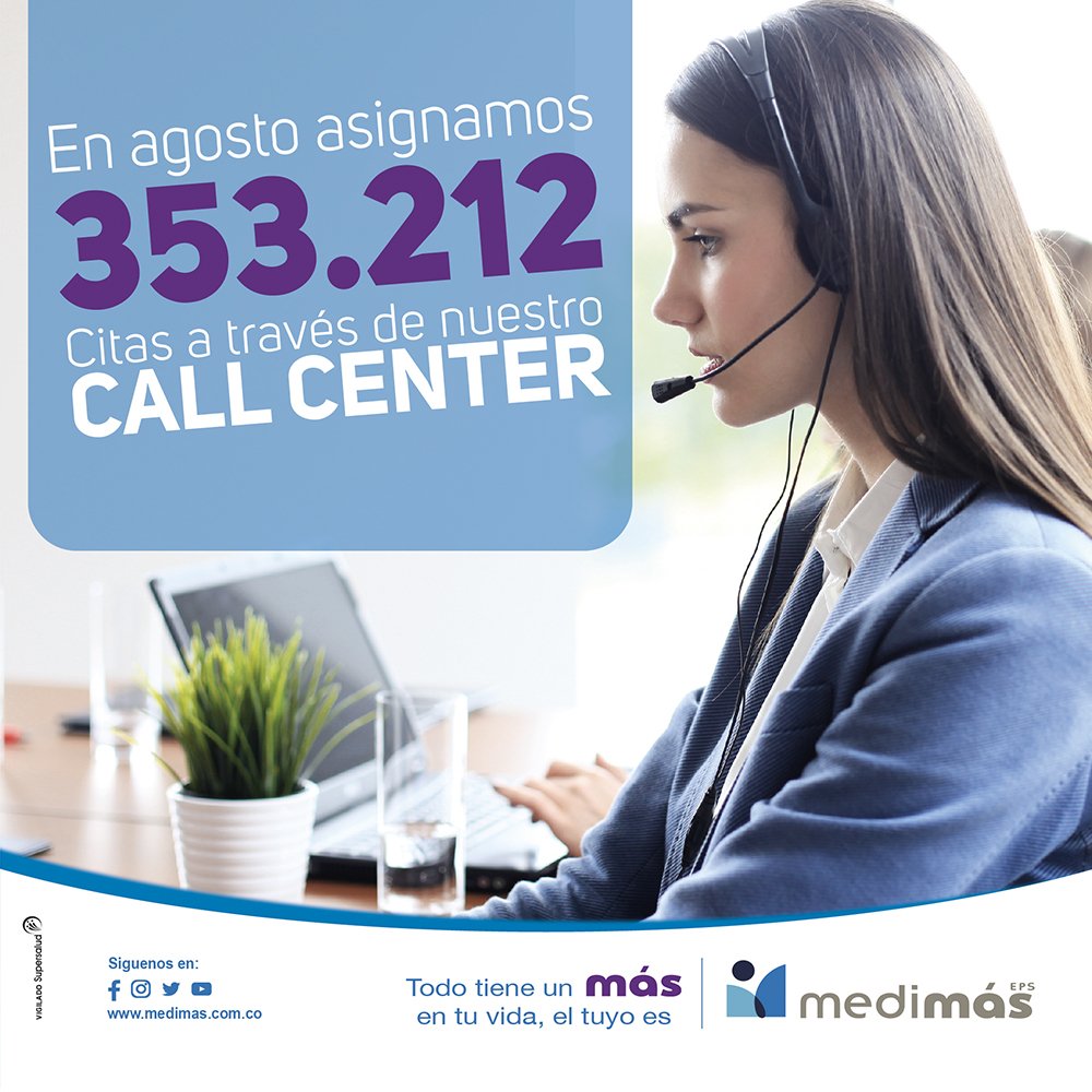 MedimasEPS's tweet photo. #MedimásEPSEnCifras Más de 300.000 citas fueron asignadas a través de nuestro call center en agosto. ¡Llámanos, queremos servirte!

Nal. 018000120777 Btá. 6510777 https://t.co/3Wd9qlDDIT