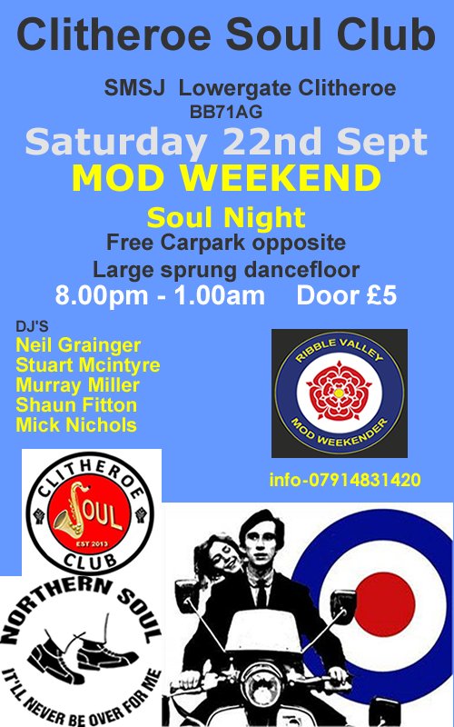 alittlebitofsoul.uk (@neilsouluk) on Twitter photo A week on Saturday Clitheroe Soul Clubs MOD Weekender Soul night pay on the door 8pm - 1 am <a href="/SMSJ_CLITHEROE/">Old School Rooms</a> A week on Saturday Clitheroe Soul Clubs MOD Weekender Soul night pay on the door 8pm - 1 am <a href="/SMSJ_CLITHEROE/">Old School Rooms</a>