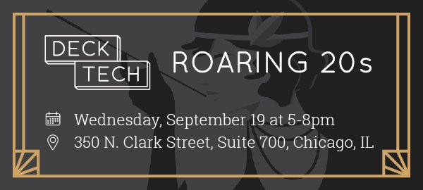 cleverbridge's tweet photo. We’re ending our #ChiDeckTech season September 19 with a Roaring ‘20s-themed networking party. Dipped in gold and sparkling with glam, the cleverbridge rooftop deck will be Gatsby-approved with the support of our sponsor CHG-MERIDIAN. Hope to see you there! https://t.co/EoUQCGInI5