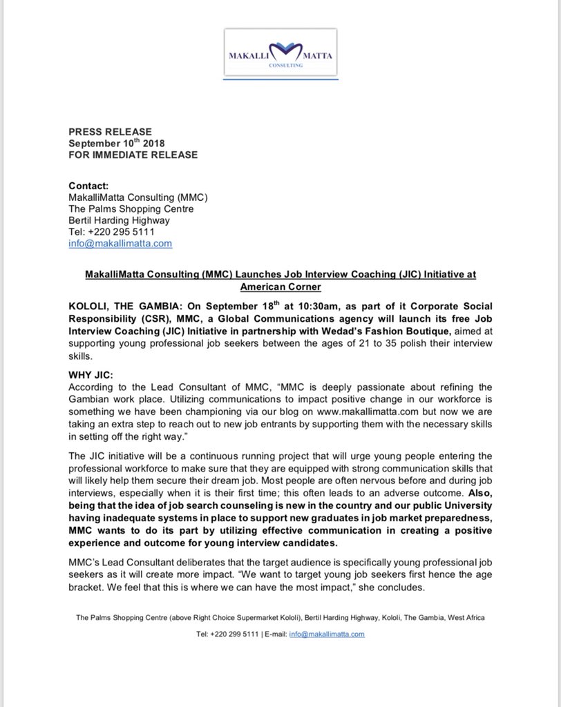 MakalliMatta's tweet photo. Our JIC press release. Eligibility age is 21 to 35 years old. #GoInPrepared #RefiningOurWorkforce
#GambianPride https://t.co/RhuKPdjGgz