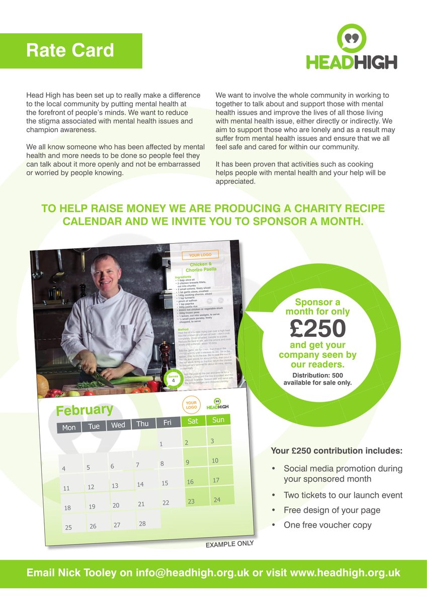 NickCTooley's tweet photo. I'm producing a charity calendar for @_HeadHigh who are trying to remove the stigma around mental health and support whose impacted by it. It will be food focused and offer sponsors a page with a photo and recipe for only £250. #cafe #restaurant #derby https://t.co/KRdtLOcWgJ https://t.co/GBcsXCbnTa