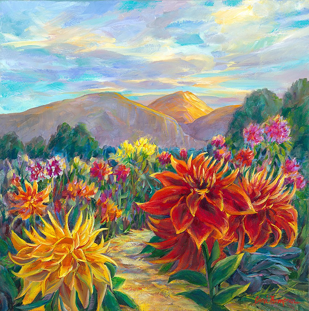 "Happy Trails", by Cami Thompson captures the beauty of New Mexico summer with full gorgeous flowers in the high desert. Stop by our studio to see some reproductions of her originals in canvas, metal and greeting cards. Or vist Cami's website: camithompsonartist.com #taospainter